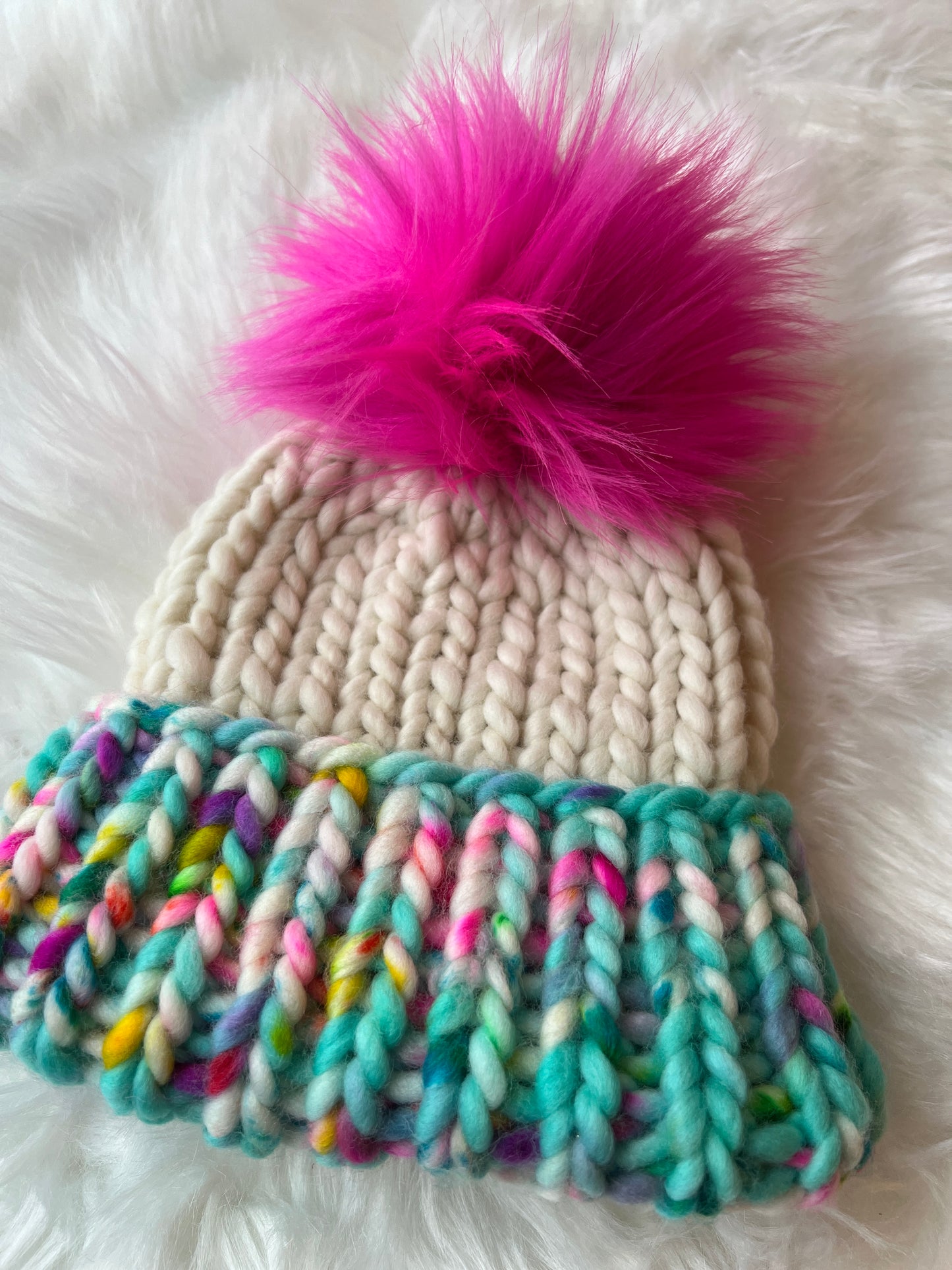 Kid’s Merino Wool Luxury Knit Folded Brim Beanie with faux fur Pom Pom | Baby/Youth 2-4