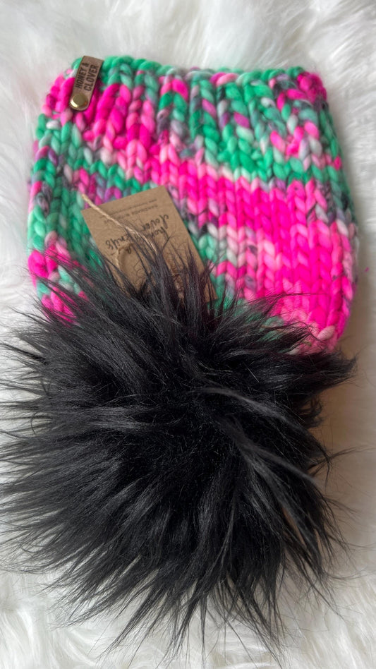 Kid's 100% Merino Wool Luxury Knit Beanie with faux fur Pom Pom | Baby | Blue Hat