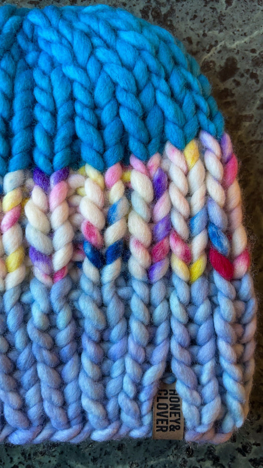 Kid’s 100% Merino Wool Luxury Knit Folded Brim Beanie with faux fur Pom Pom | Baby | Blue Hat