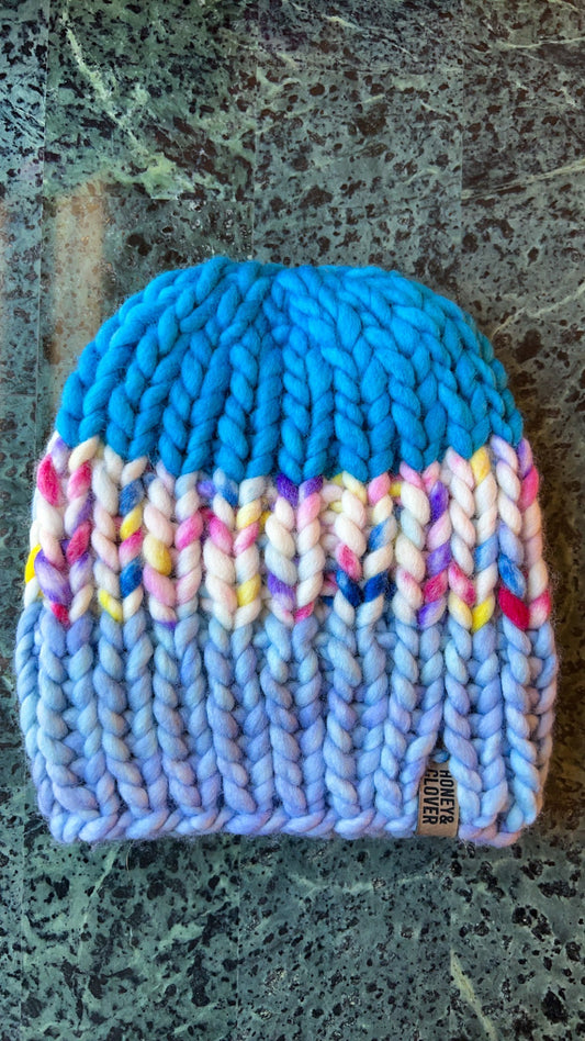 Kid’s 100% Merino Wool Luxury Knit Folded Brim Beanie with faux fur Pom Pom | Baby | Blue Hat