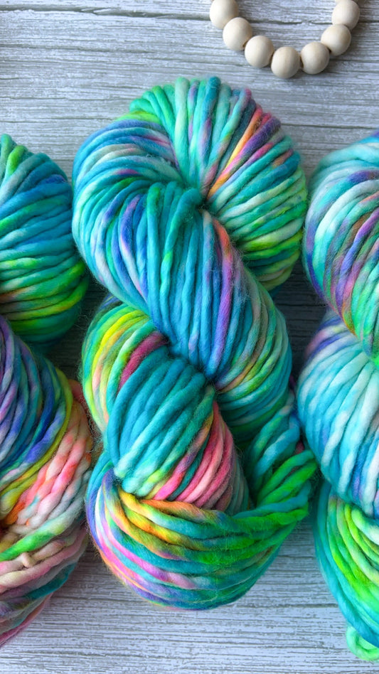Hand dyed yarn | super bulky yarn | hand dyed merino wool yarn | indie dyed wool | Jill’s Rainbow Brite