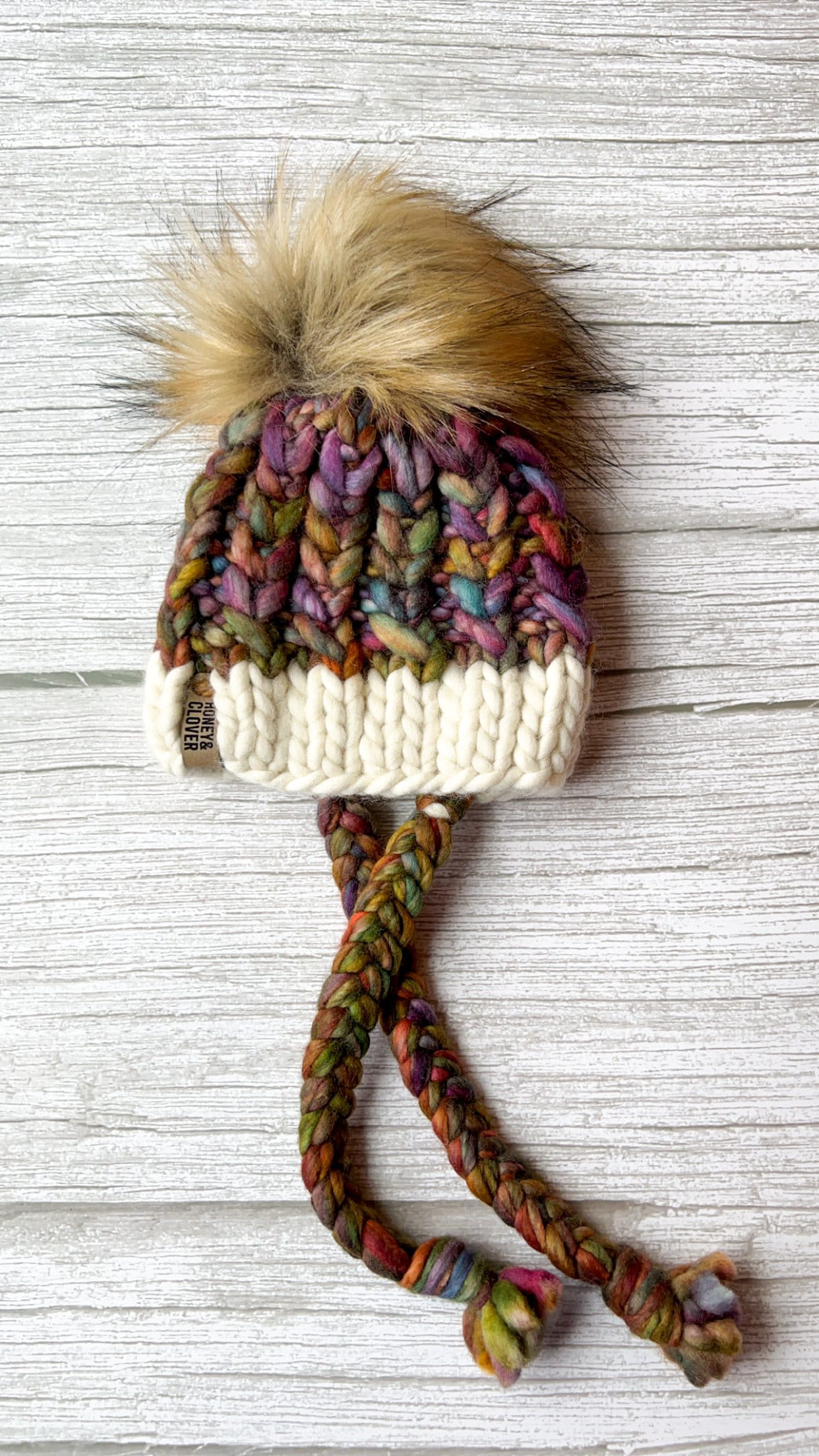 100% Merino Wool Luxury Knit Braided Hearts Bonnet with faux fur Pom Pom | Heavyweight Warm Wool Hat | Newborn