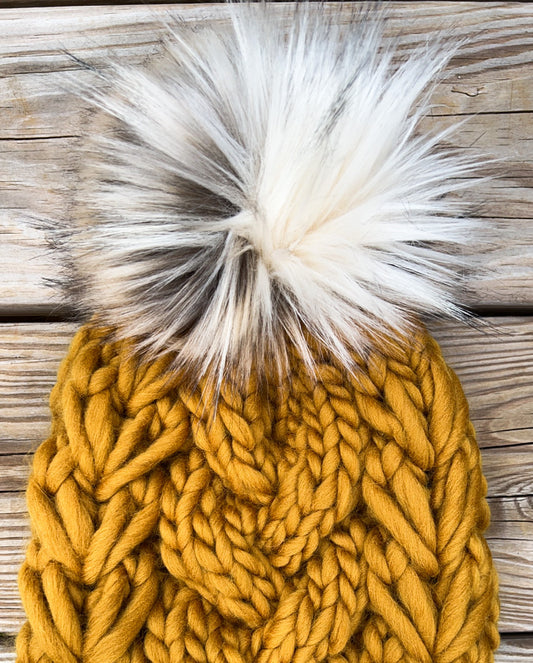 The Ginger | Luxury Faux Fur Pom Pom | Knit Crochet Hats | Fake Fur Pom | Multi-tone Golden Caramel White Fur Puff for Hats | XL Large Pom