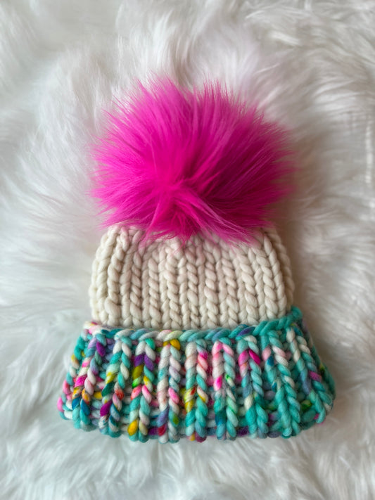 Kid’s Merino Wool Luxury Knit Folded Brim Beanie with faux fur Pom Pom | Baby/Youth 2-4