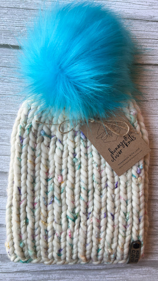 100% Merino Wool Knit Hat with faux fur Pom Pom | Classic Ribbed Beanie