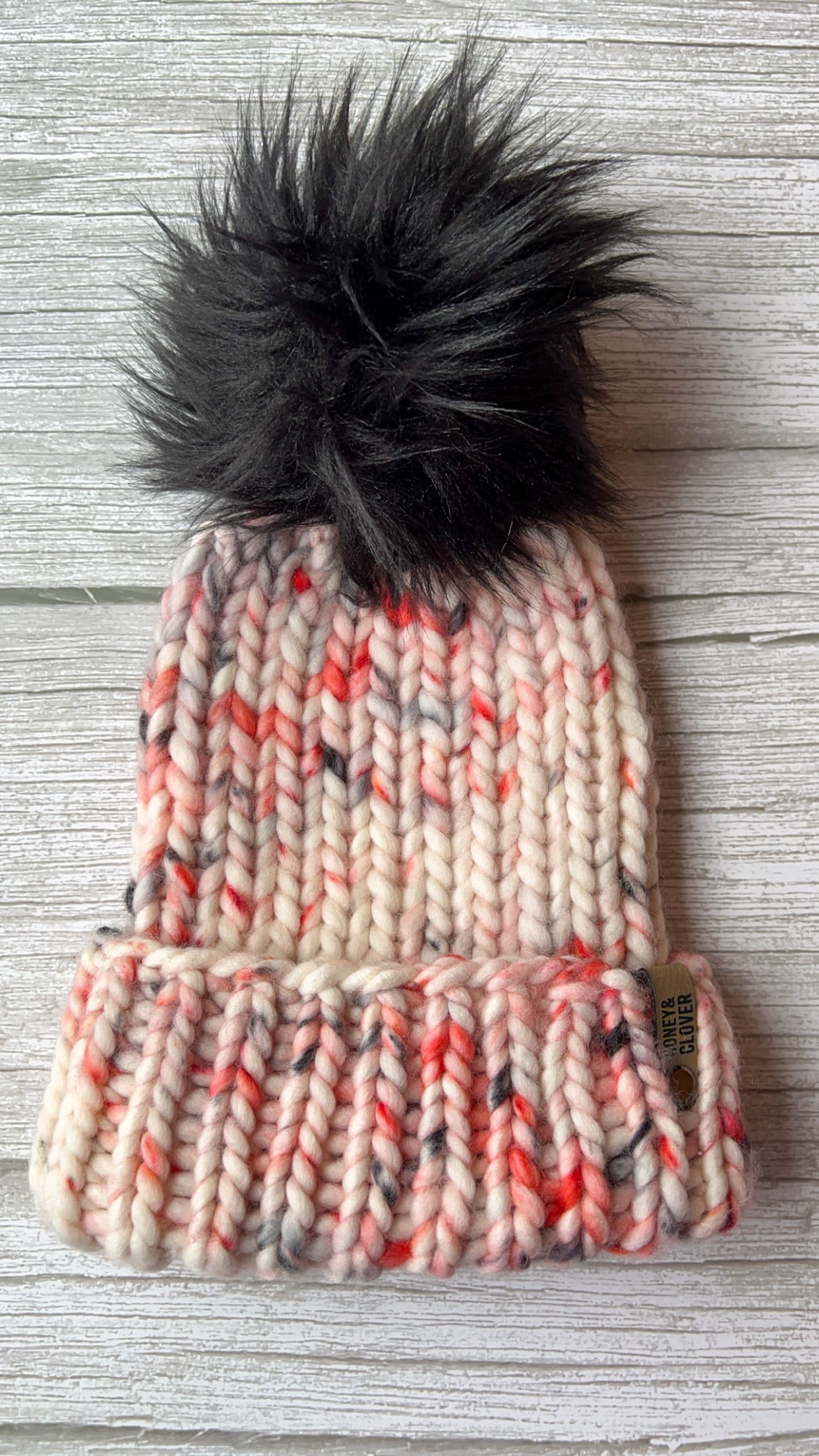 100% Merino Wool & Mohair Luxury Knit Folded Brim Beanie with faux fur Pom Pom | Heavyweight Warm Wool Hat | Red, Black | Double Brim Hat