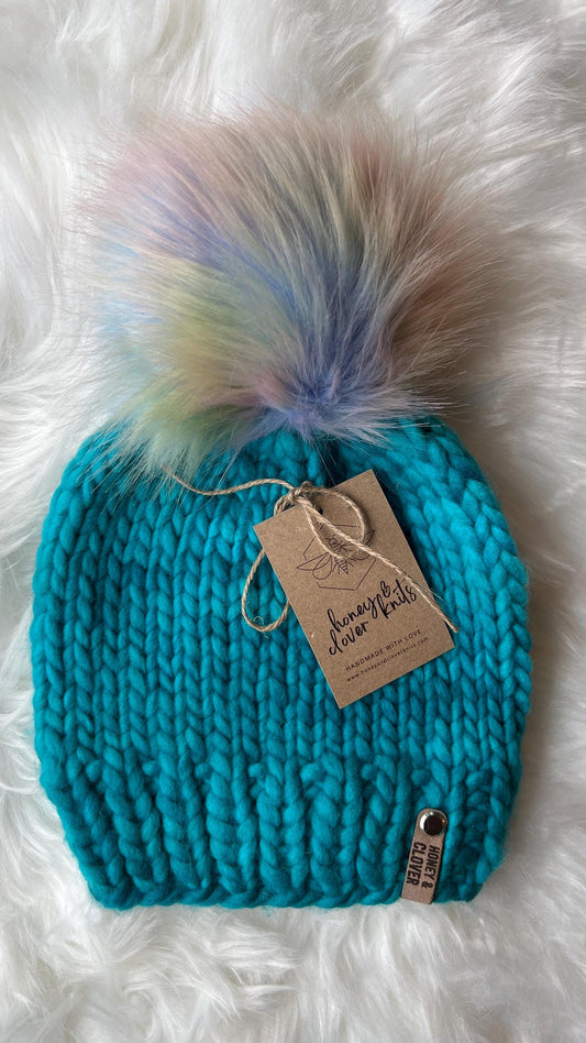 Kid's 100% Merino Wool Luxury Knit Beanie with faux fur Pom Pom | Kid/Youth 3-10