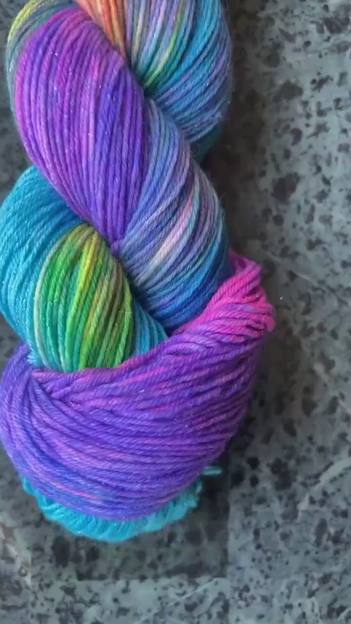 Hand dyed yarn | sparkle DK | hand dyed merino wool yarn | indie dyed wool | Rainbow Brite