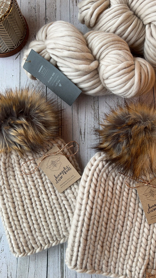 100% Merino Wool Knit Beanie with faux fur Pom Pom | Warm Wool Hat | Cream, Beige, Neutral