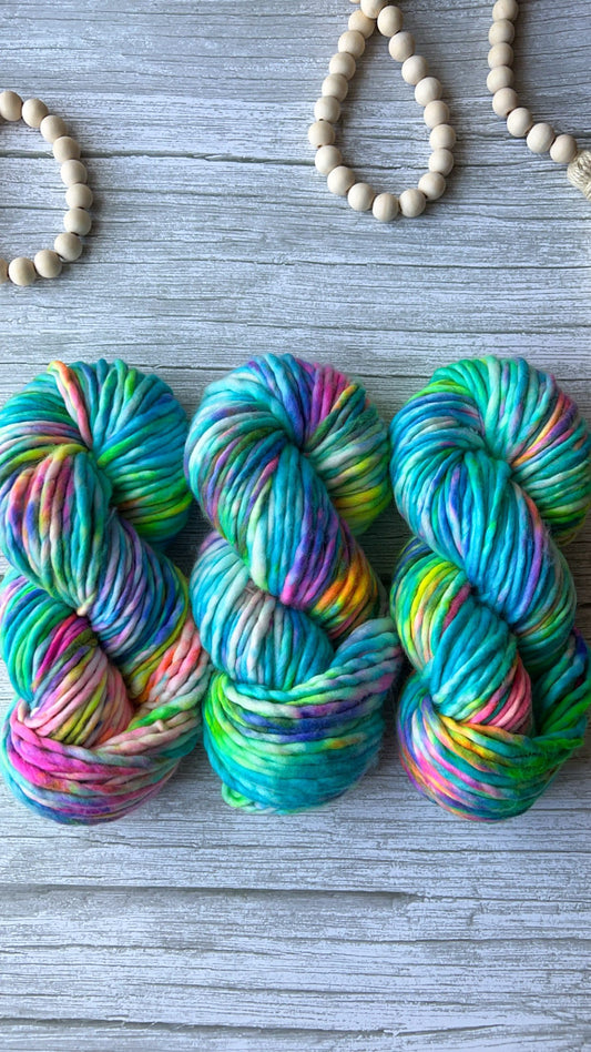 Hand dyed yarn | super bulky yarn | hand dyed merino wool yarn | indie dyed wool | Jill’s Rainbow Brite